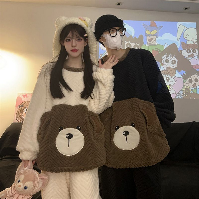 ANYOU 겨울 커플 잠옷 귀여운 곰돌이 홈웨어 따뜻한 플란넬 잠옷 신혼부부 세트 코랄 벨벳 잠옷