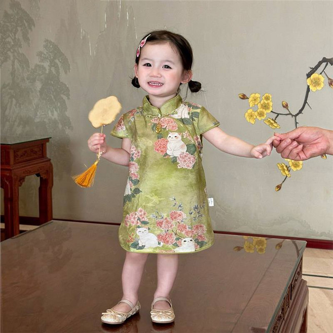 中國風女童天絲棉麻印花旗袍 可愛小女生日常百搭洋裝 綠色