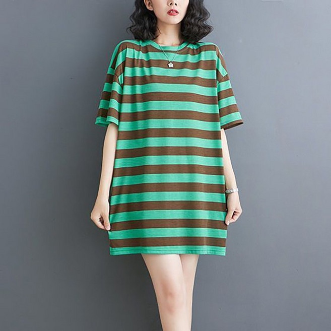 ROYALBELLE 여성 루즈핏 스트라이프 라운드넥 반팔 티셔츠 원피스 캐주얼 데일리 미디 원피스 M0060414
