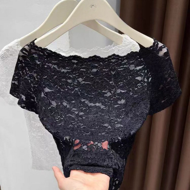 VEZRI 여성 여름 레이스 오프숄더 반팔 이너 티셔츠 섹시 슬림핏 F88