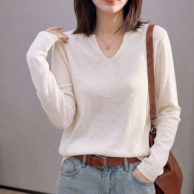 SOSISI 울 혼방 여성 니트 브이넥 얇은 니트 이너 티셔츠 탑 풀오버 45415