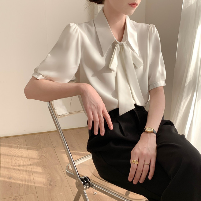 2026春秋新款燈籠袖蝴蝶結襯衫白色內搭襯衣女正裝系帶設計感上衣