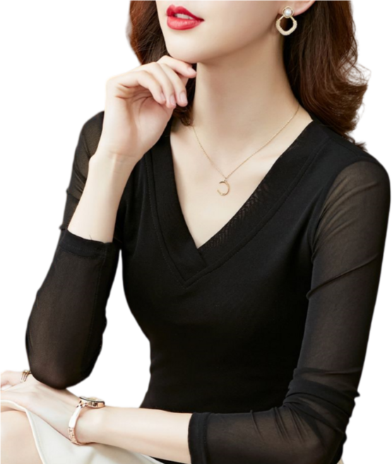 Makone 여성 망사 코디 슬림핏 긴팔티 봄가을 패션 브이넥 시스루 소매 상의 트랜드 패치워크 긴팔 티셔츠