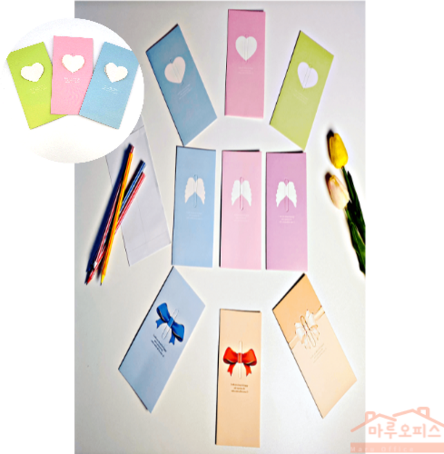 마루오피스_ 깔끔한 파스텔톤 컬러와 입체카드로 소중한 사람들에게 마음을 전달해보아요_ 리본/하트/엔젤-골드/핑크/그린/퍼플/블루 9종 축하카드, 1개, 하트-그린