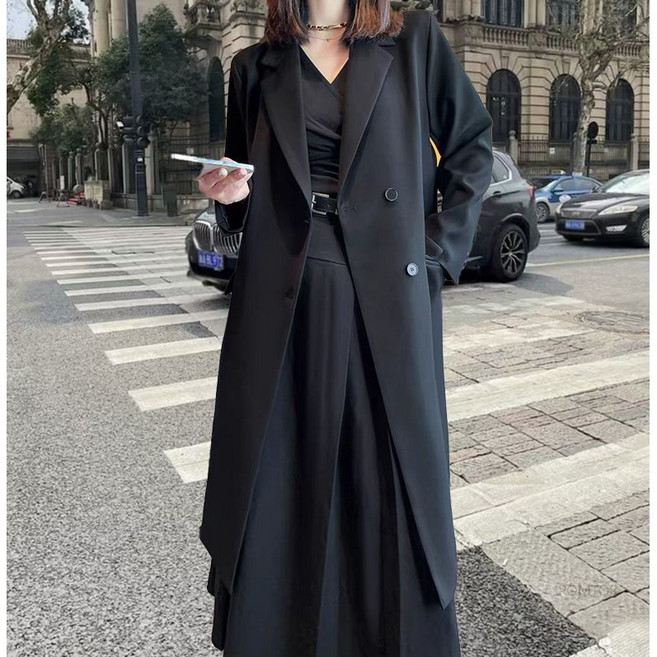 POMTOR 봄 가을 롱 트렌치코트 여성용 롱 정장 코트 시크 클래식 아우터 통근룩 오피스룩