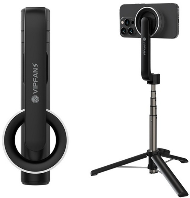 VIPFAN S 맥스탠드 삼각대 셀카봉 접이식 알루미늄 블루투스 리모컨 맥세이프 거치대 유튜버 해외여행 촬용, 블랙, 1개