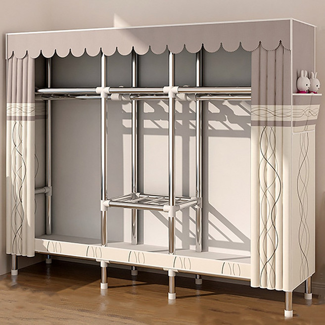 시스슈 조립식 3단 이동식 행거 시스템 강화 철제 프레임 | 대용량 하단 수납공간 & 먼지방지 커튼 장착, 베이지색