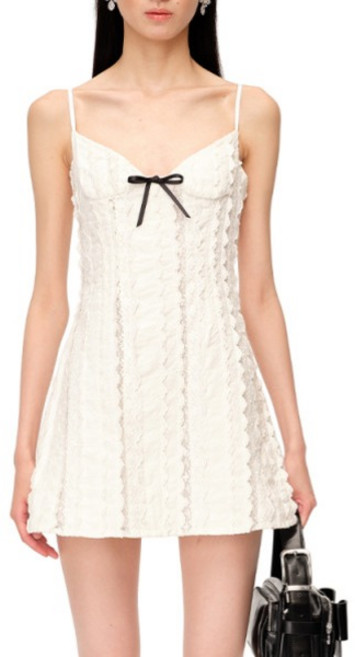 슈슈통 리본 끈 A라인 원피스 프렌치 숏 슬리브리스 드레스