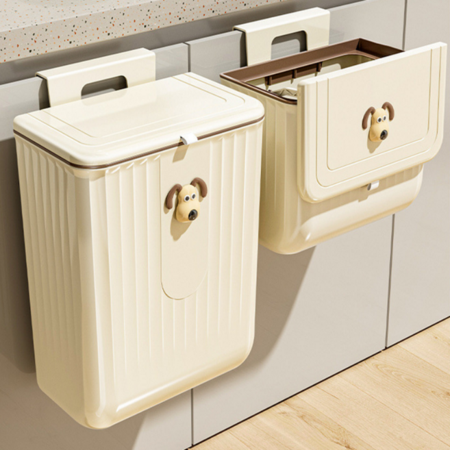 다용도 방취 기능 귀여운 강아지 캐릭터 벽걸이 음식물 쓰레기통, 아이보리, 1개