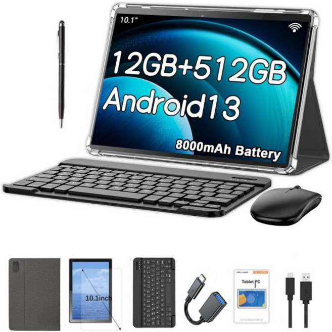 크레랜더 101인치 안드로이드 13 태블릿 SIM 카드 슬롯 4G LTE 통화 12GB+512GB 8000mAh 배터리 이중 카메라 블루투스와이파이 케이스 키보드 마우스 스타일, 회색 검정