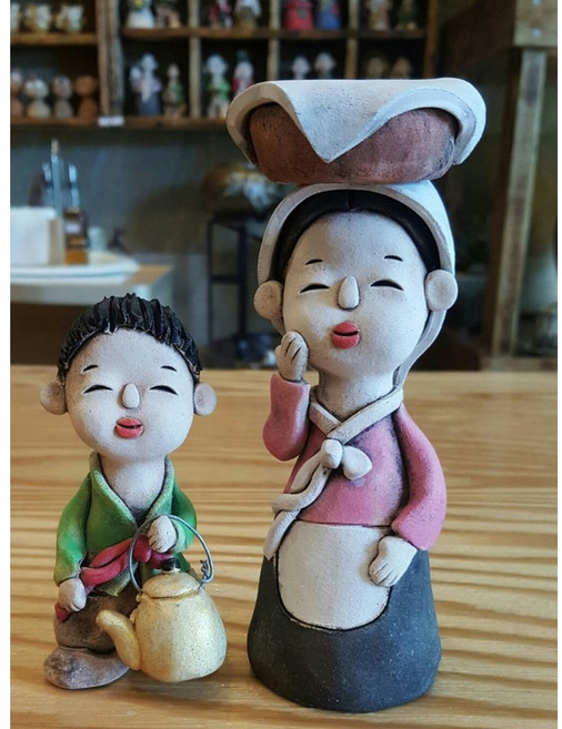 도자기인형 새참나르는 엄마와 아들 토우