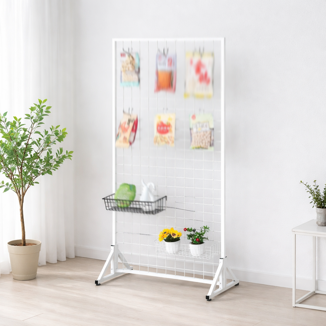 다용도 수납 메쉬 철제 스탠딩 바퀴형 접이식 전시 랙, 화이트, 1단