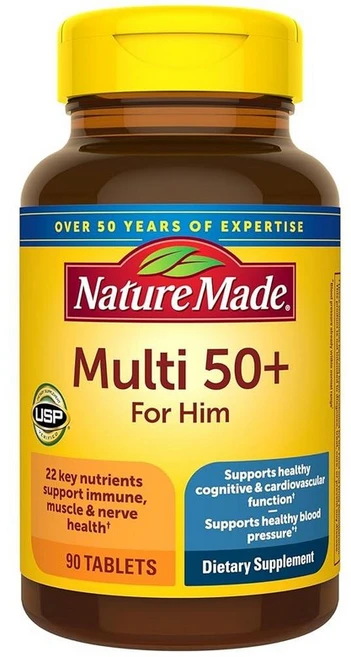 네이처메이드 남성용 50+ 멀티비타민 미네랄 태블릿 90정, 90 Count (Pack of 1), 1개 - 쿠팡