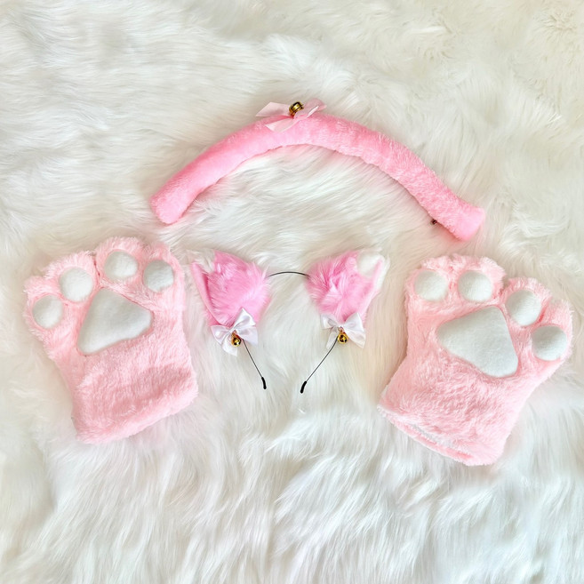 3종 방울 고양이세트 코스프레 방울고양이머리띠&장갑2개&방울꼬리방, 1세트, 핑크세트(머리띠+장갑2개+방울꼬리)