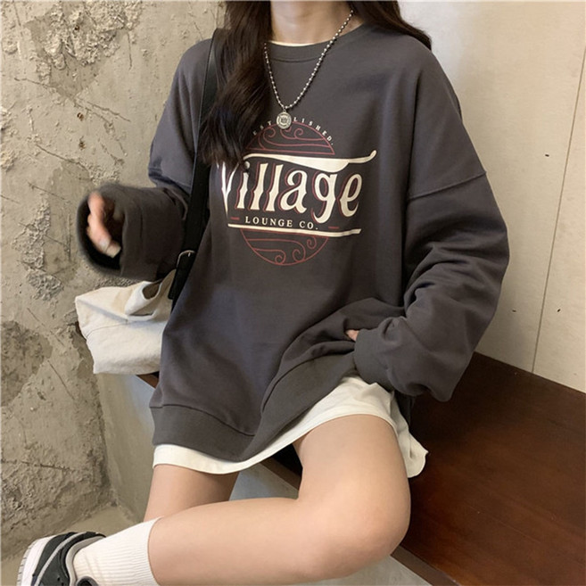 韓版長款衛衣 女生美式大印花落肩上衣 長袖情侶裝 寬鬆顯瘦百搭上衣