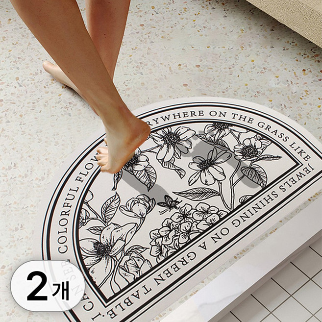 1+1 빨아쓰는 규조토 발매트 세트 플라워 패턴 폭신 물흡수 매트 인테리어 발판 받침 반원형 타원형 현관 욕실 주방 화장실 소품, 2개입, R99713B(반원형 플라워가든 A타입, 1세트