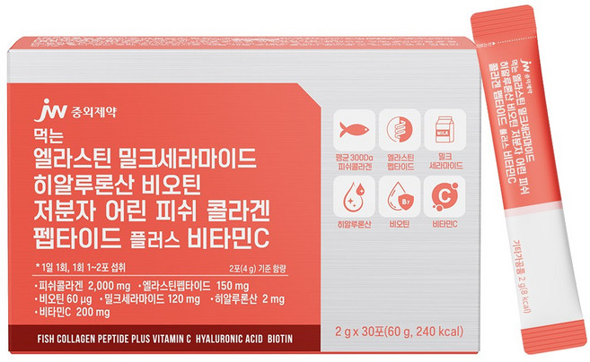 JW중외제약 먹는 엘라스틴 밀크세라마이드 히알루론산 비오틴 저분자 어린 피쉬 콜라겐 펩타이드 플러스 비타민C 30p, 60g, 1개