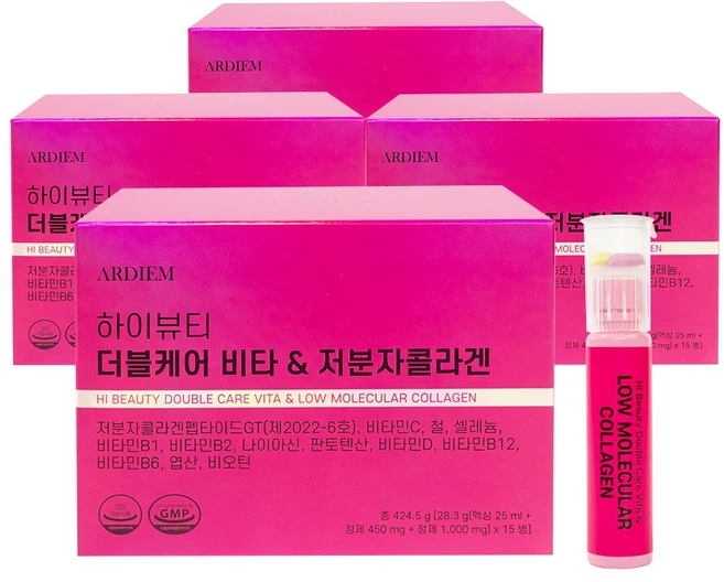 아르디엠 더블케어 비타&저분자 콜라겐 펩타이드 올인원 이뮨비타민 25ml x 15병, 4박스, 15회분 - 쿠팡