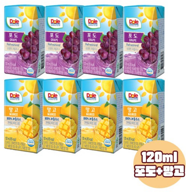 Dole 돌주스 프리미엄 100% 과즙주스 120ml 포도맛16+망고맛16/총32팩/무료배송, 32개