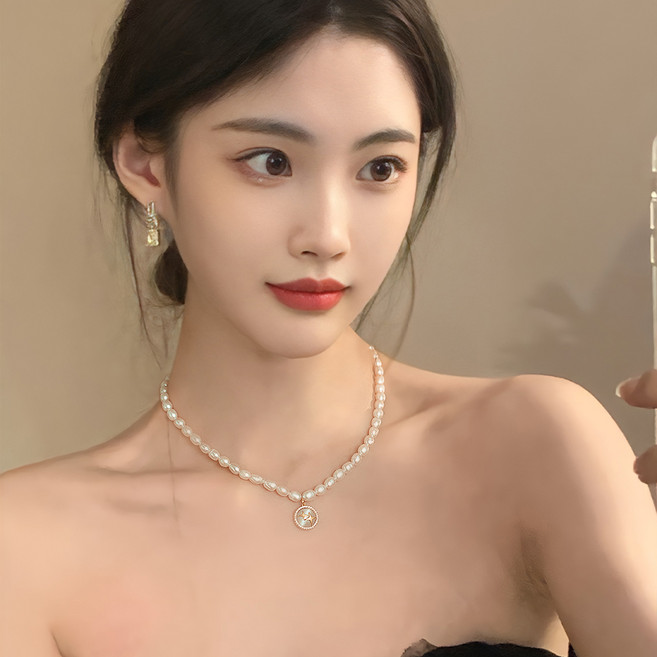 ASURE 담수 진주 목걸이 고양이 눈 돌 펜던트 14K도금 밥풀진주목걸이