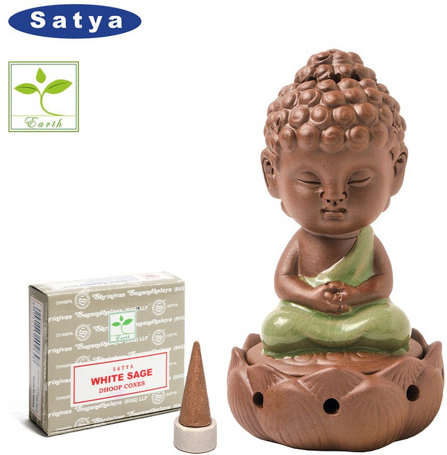 사티아 나그참파 인센스 콘+스티밍 붓다 홀더세트, 화이트 세이지+스티밍 붓다