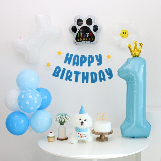 이벤트홀릭 강아지 고양이 생일파티용품세트 턱받이 고깔 숫자, 1, 1개, 블루