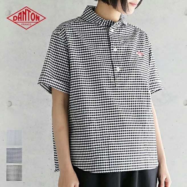 단톤 반팔 셔츠 여성 블라우스 25SS 반소매 B0283OXP 깅엄 체크 풀오버 포켓