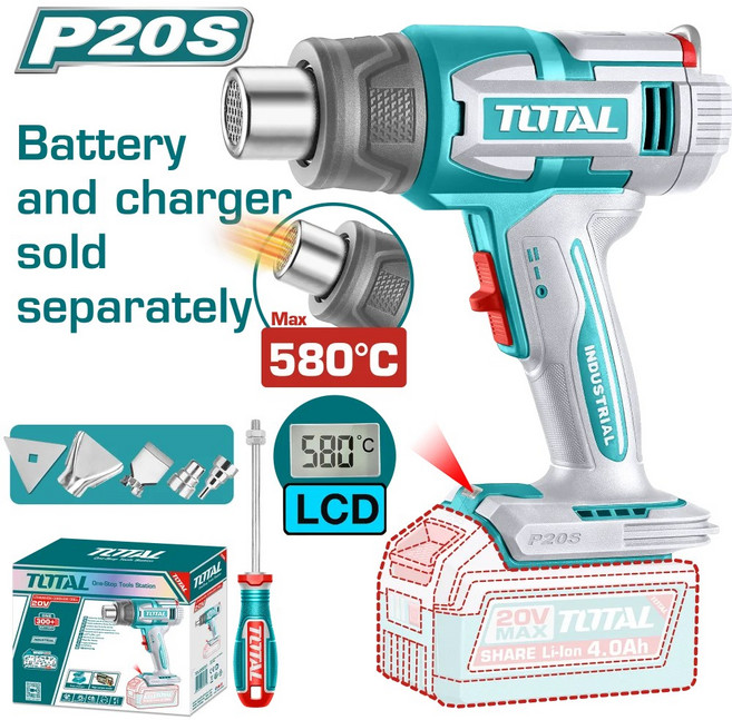 TOTAL 數顯鋰電熱風槍 P20S 單主機 580°C LCD 顯示, 1個