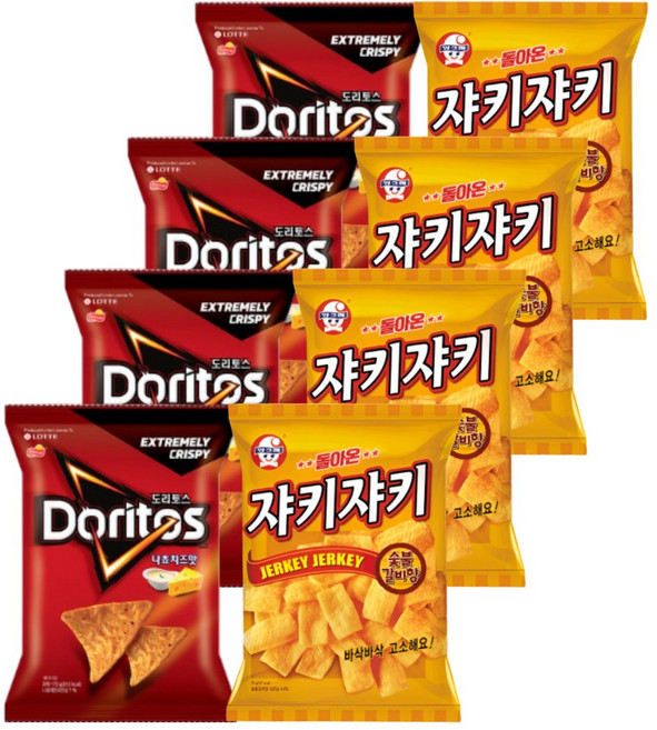롯데 크라운 과자세트 도리토스 나쵸치즈 84gx4P+쟈키쟈키 숯불갈비 70gx4P (총8P), 1세트, 616g