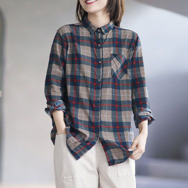 ROYALBELLE 여성 면마 레귤러핏 긴팔 셔츠 체크무늬 루즈핏 카라넥 빈티지 데일리 남방 V112314