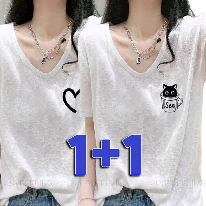 1+1 슬라브 프린트 오버사이즈 브이넥 티셔츠 여름 시원한 심플 상의 기본티 JUSTFEELING