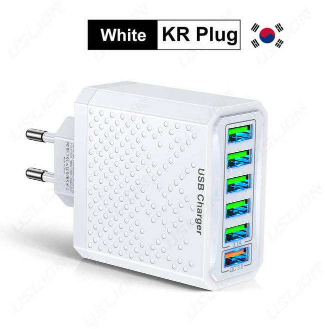 USLION 삼성기기 호환 S23 샤오미 휴대폰 충전 어댑터 6 IN USB 충전기 QC3.0 고속 EU KR US UK 플러그