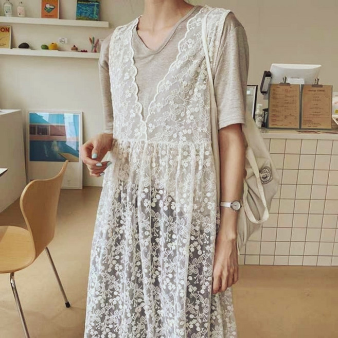 바인브랜치 레이스 스칼럽자수 레이어드 베스트원피스