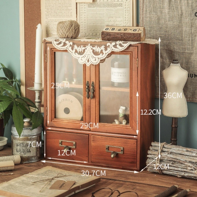 JINGHENG Makone 상표등록원목 빈티지 엔틱 유리 미니 여닫이 장식장 수납장 진열장, A