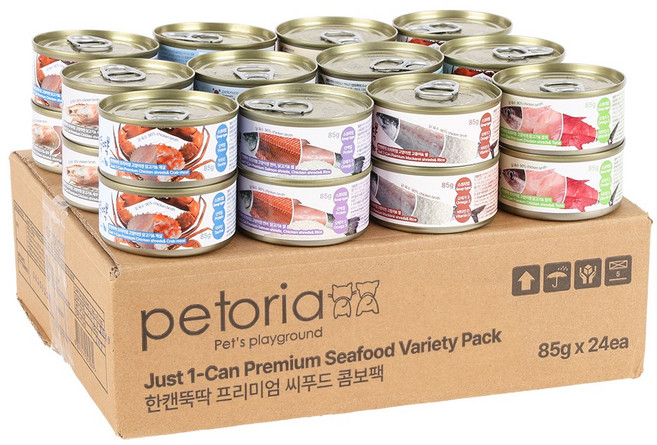 펫토리아 한캔뚝딱 고양이 혼합 콤보 습식 간식 캔, 85g, 24개, 씨푸드콤보 혼합맛(닭/새우/쌀/연어/고등어/게살/참치)