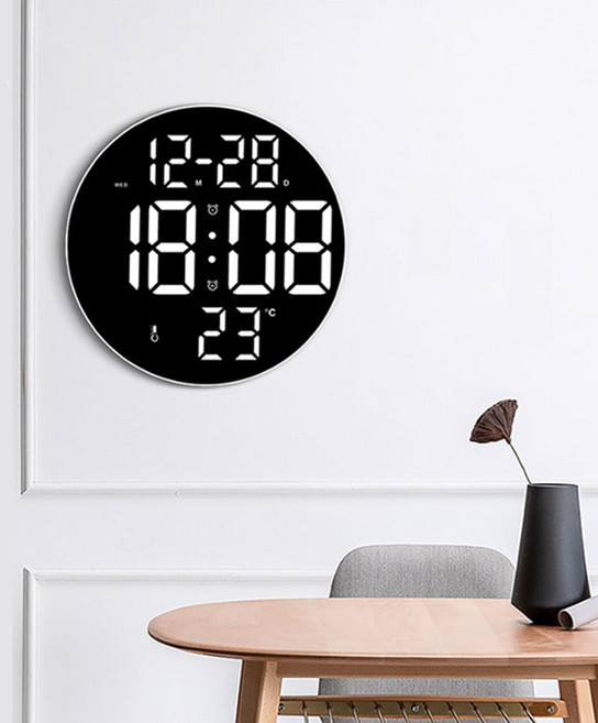 벨레스 원형 무소음 LED 디지털 전자 벽걸이 캘린더 벽시계, 블랙프레임