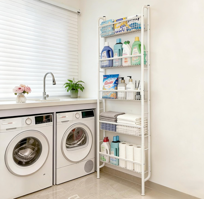 GOOD HOME 철제 주방 선반 다용도 수납 정리랙 다층 조미료 선반 거실 욕실 다용도 틈새 선반 문뒤 책장 수납장, 5단, 화이트