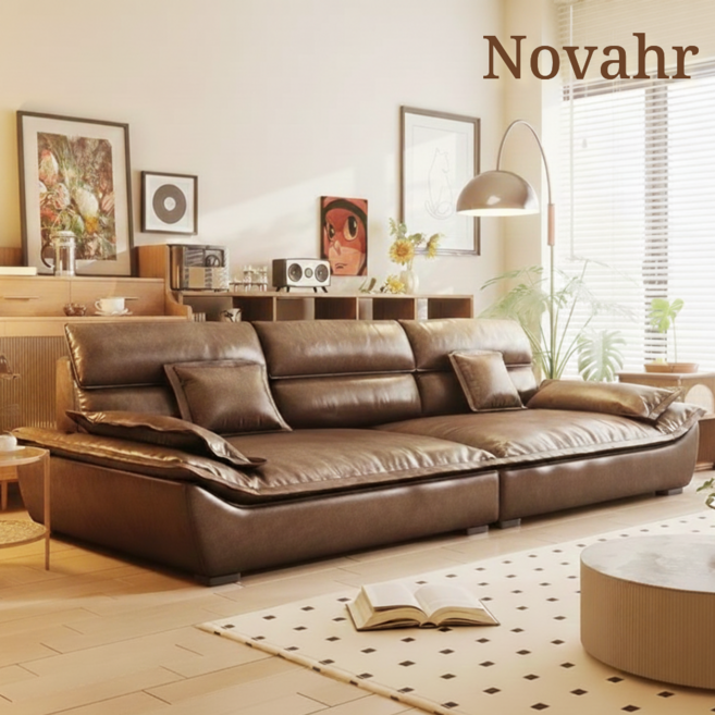 노바르 고급 가죽소파 4인용 3인용 브라운 빈티지 거실 등받이쿠션 대형 가족, 연갈색 / 240cm