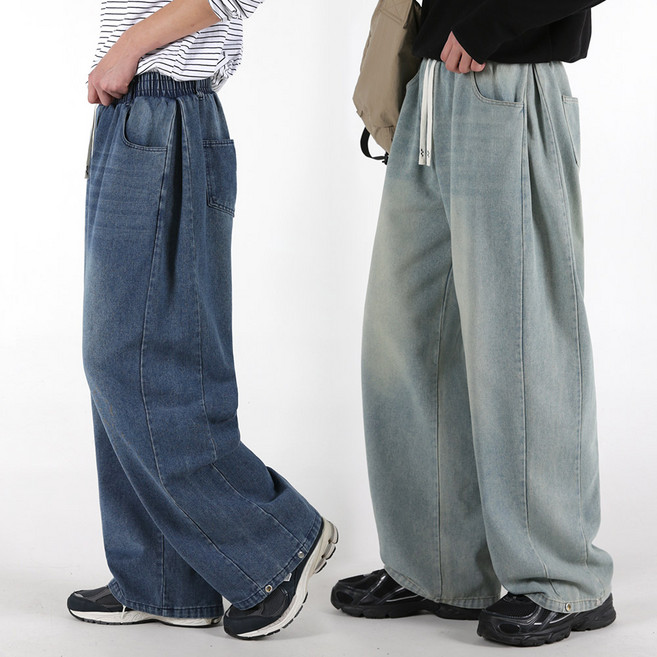 오버나인 남자 남성 와이드 스냅 워싱 밴딩 데님 청바지 팬츠