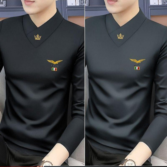 COSYEVNO 1+1 남성 기모 긴팔 티셔츠 반폴라 슬림 패션 심플 자수 상의