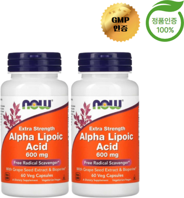 알파리포산 알리포산 포도씨추출물 폴리페놀 바이오페린 나우푸드 600mg 60베지캡슐x2병, 60정, 2개
