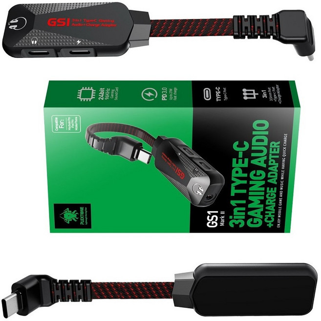 GS1 Mark II 3合1 TYPE-C 遊戲音頻+充電轉換器 支援24bit/96KHz Hi-Res音質與27W快充, 1個, L頭or直頭隨機出貨