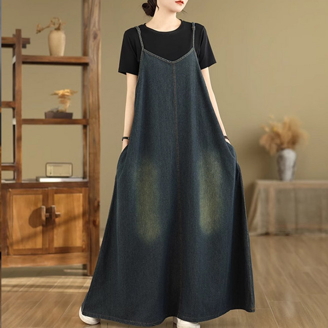 코카마니 여성 워싱 데님 뷔스띠에 끈 나시 예쁜 롱 청 원피스