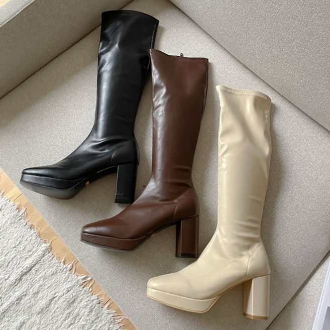 스퀘어 가보시 스판 롱부츠힐 슬림핏 롱부츠 8cm