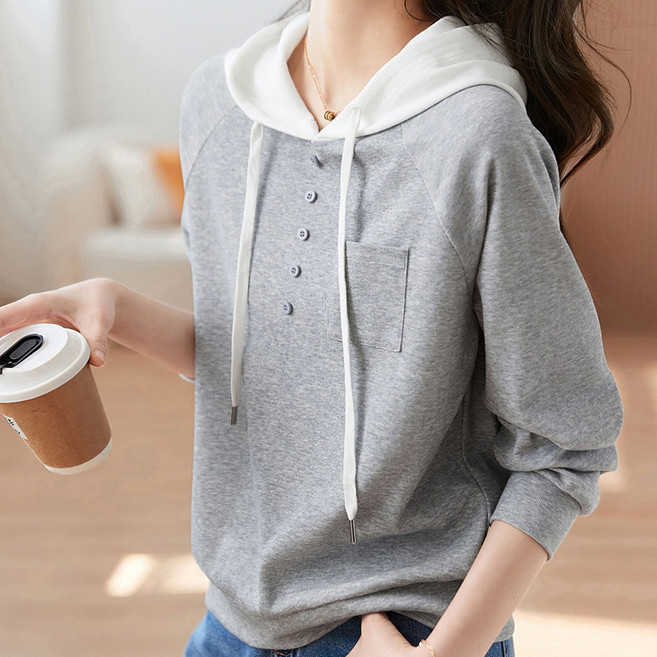 지디오 여성 후드 티셔츠 포켓 단추 배색 여자티셔츠
