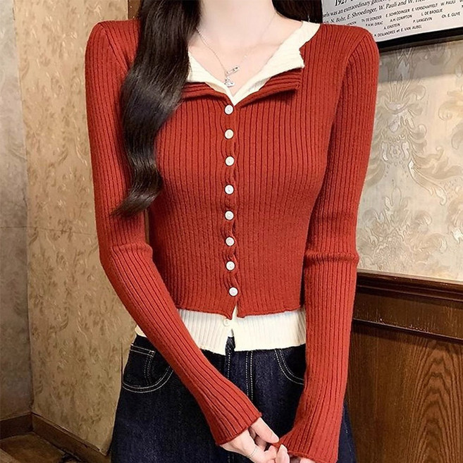 핀디걸 여성 배색 투톤 긴팔 니트가디건 A-27