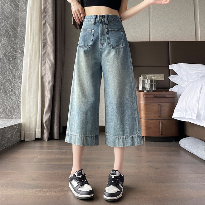 SAHINER 여성 하이웨스트 와이드 일자 8부 데님팬츠 LWBKZ08