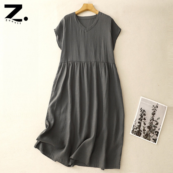 zoovit 여름 여성 중년 면마 브이넥 반팔 루즈핏 무지 면마 롱 원피스