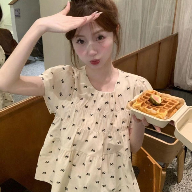韓版短袖襯衫 蝴蝶結褶皺娃娃衫 女上衣