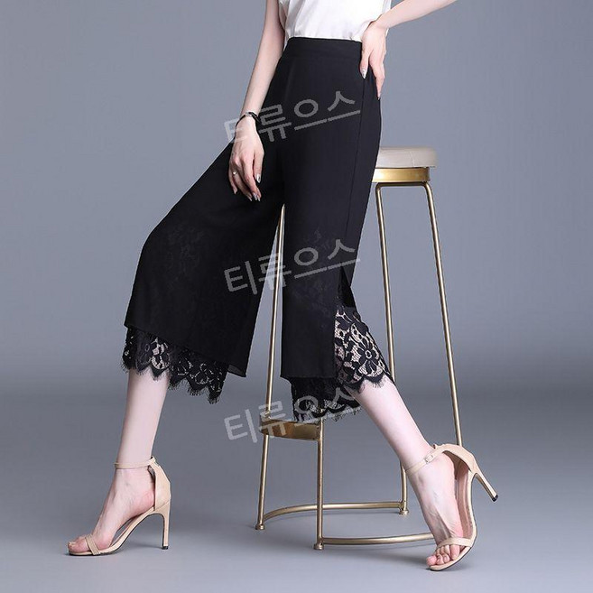 티류으스 여성 블랙 쉬폰 레이스 7부 와이드 팬츠 라인댄스복 라틴댄스복